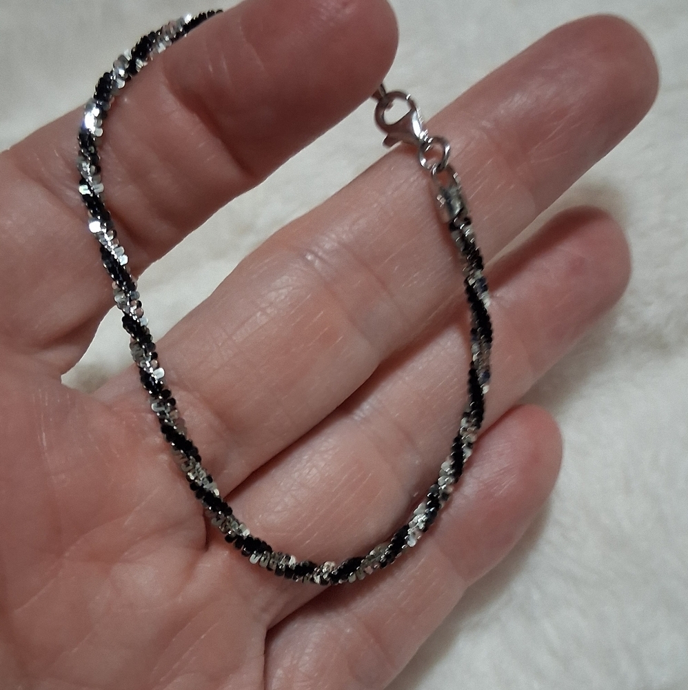 Sterling Silver & Black Rhodium Twisted  Rock Cut Bracelet 7"
